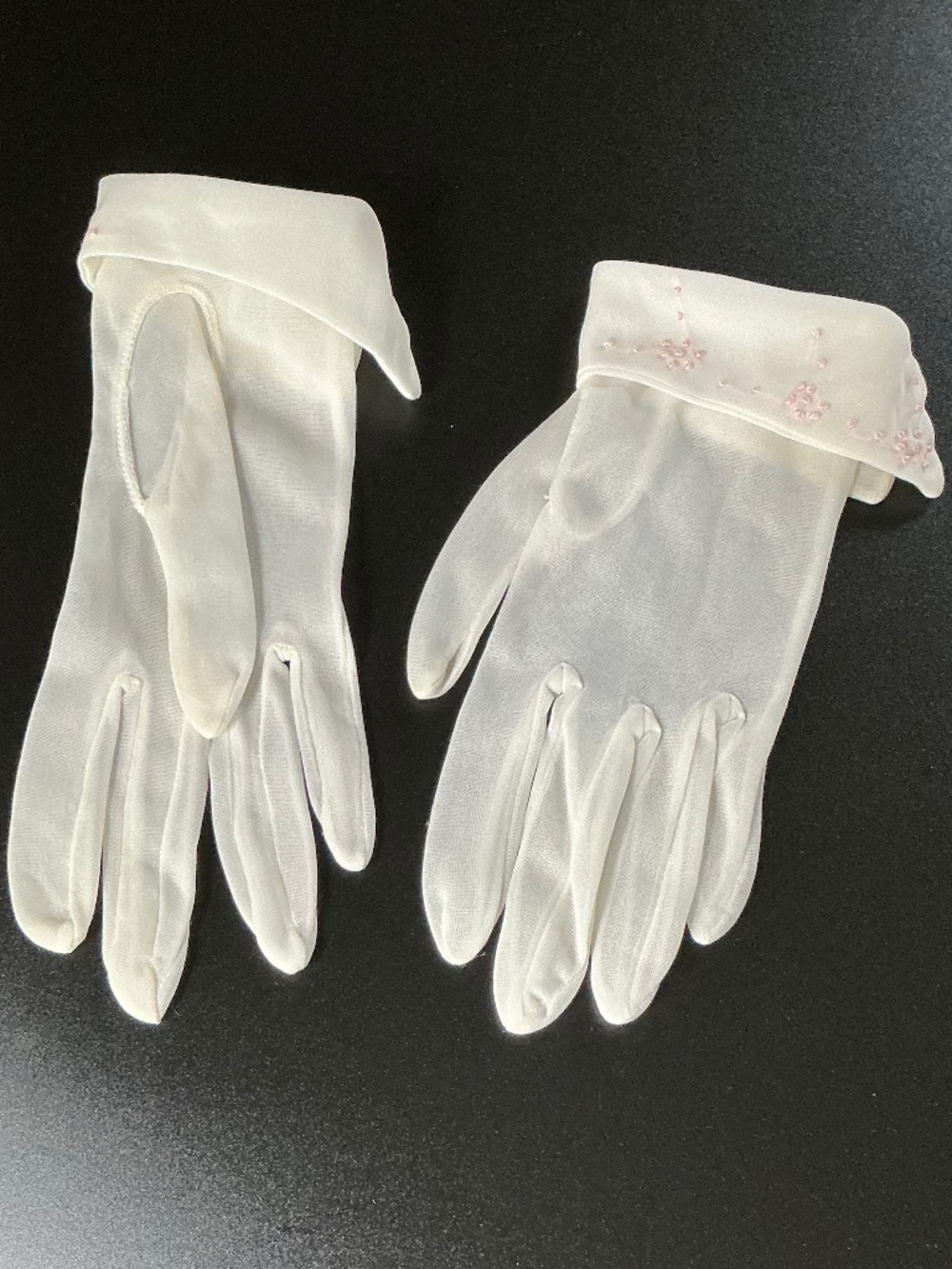 Vintage Ivory Organza Gloves Formal Wedding Bridal Prom Pink Accents - Picture 3 of 14